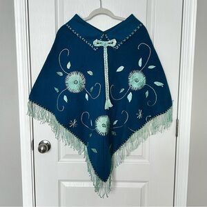 Vintage 1970’s Rare Teal Blue Embroidered Poncho With Fringe One Size
